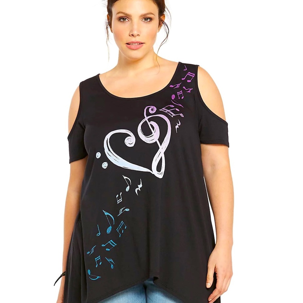 NWOT Torrid Cold Shoulder Music Note Tee